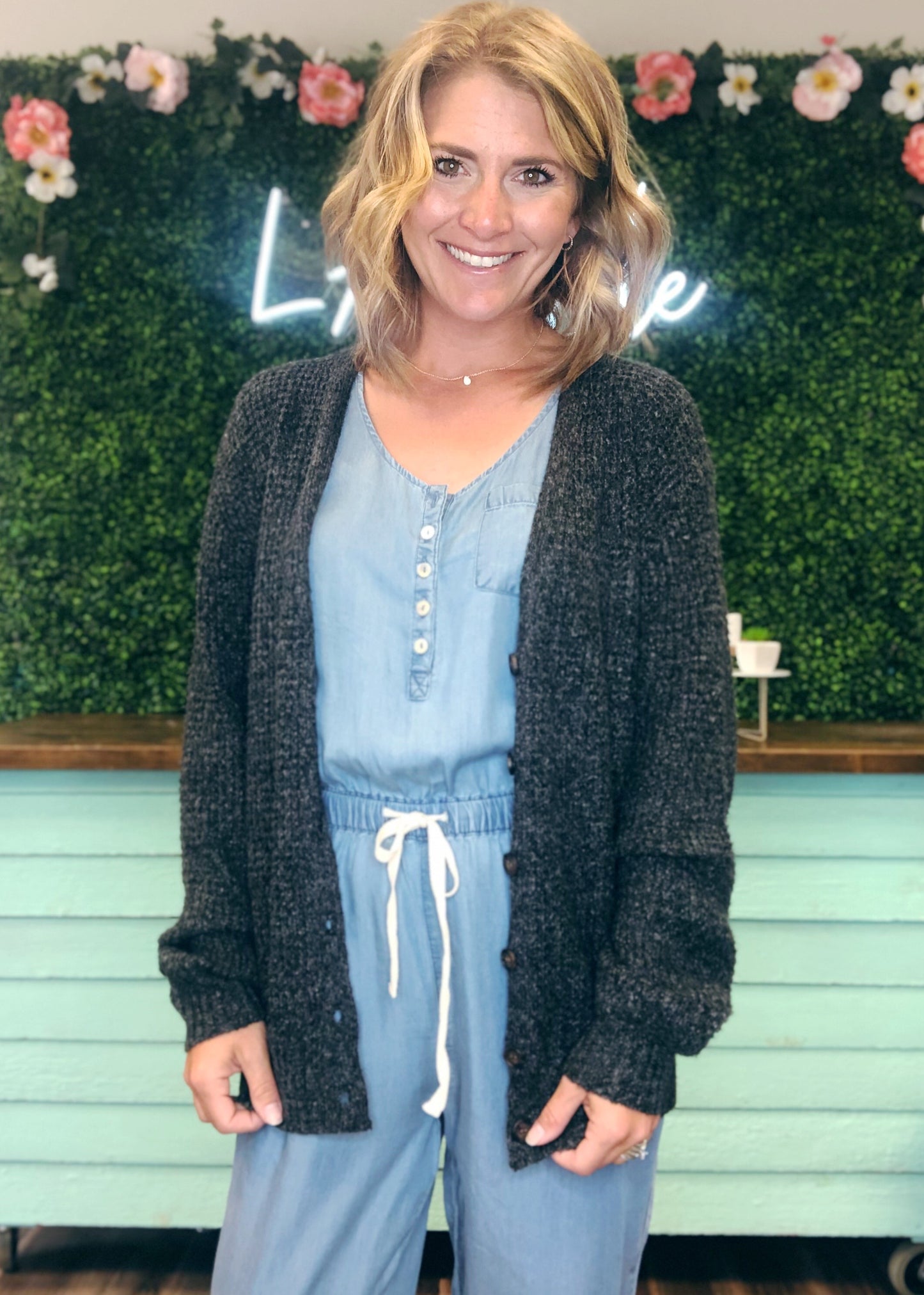 WAFFLE BUTTON FRONT CARDIGAN