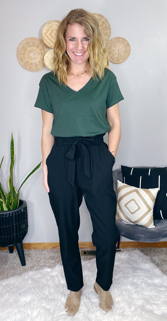 BLACK WOVEN WIDE PANT WITH TIE