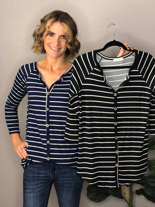 STRIPE 3/4 SLEEVE BUTTON DOWN