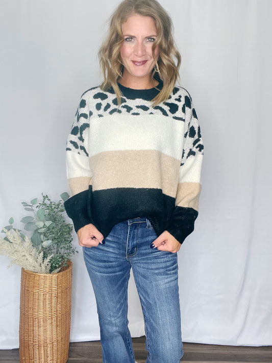 LEOPARD COLOR BLOCK SWEATER