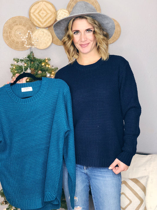 ROUND NECK WAFFLE SWEATER
