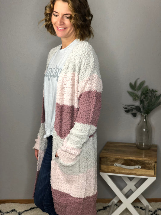 COLOR BLOCK POPCORN CARDIGAN
