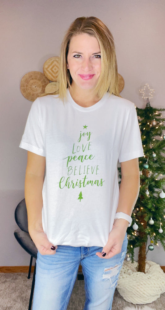 JOY LOVE AND PEACE CHRISTMAS TEE