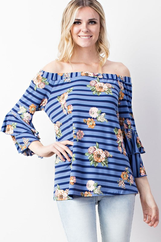 STRIPE AND FLORAL RUFFLE SLEEVE TOP