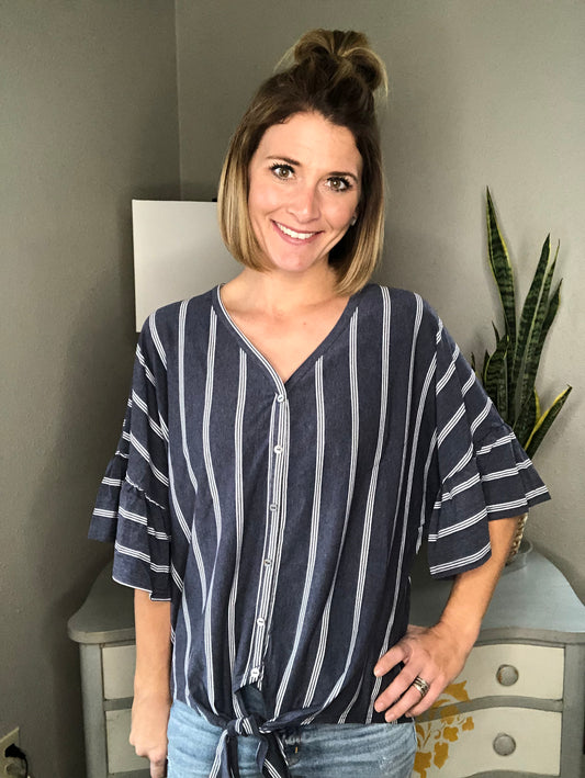 RUFFLE SLEEVE STRIPED BUTTON FRONT TOP