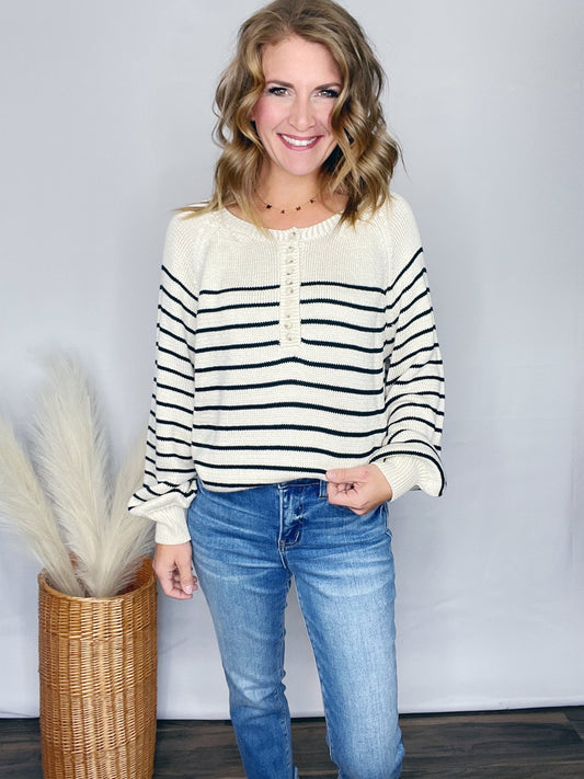 BUTTON TOP STRIPE SWEATER