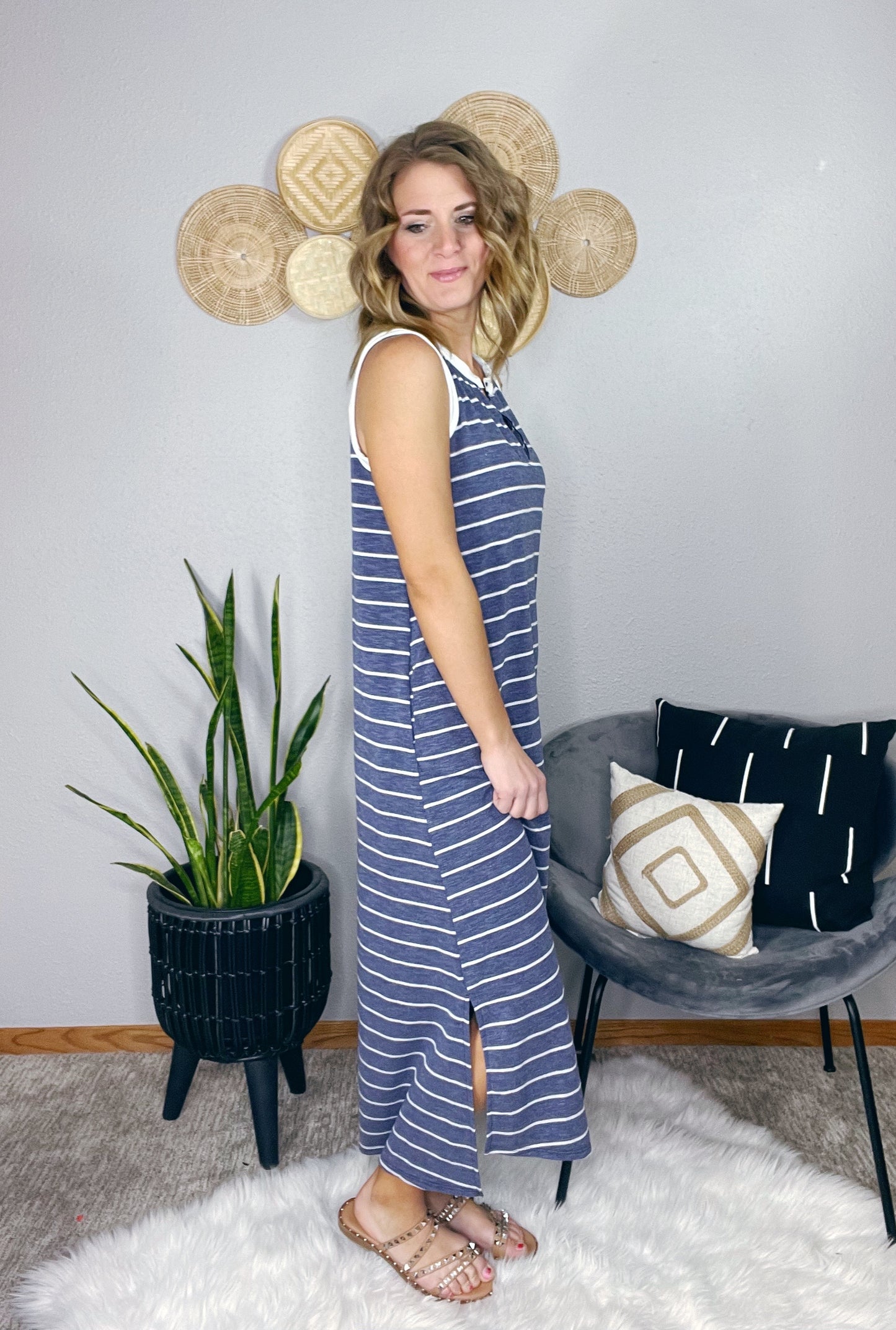BLUE STRIPED MIDI DRESS