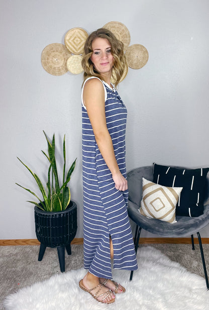 BLUE STRIPED MIDI DRESS