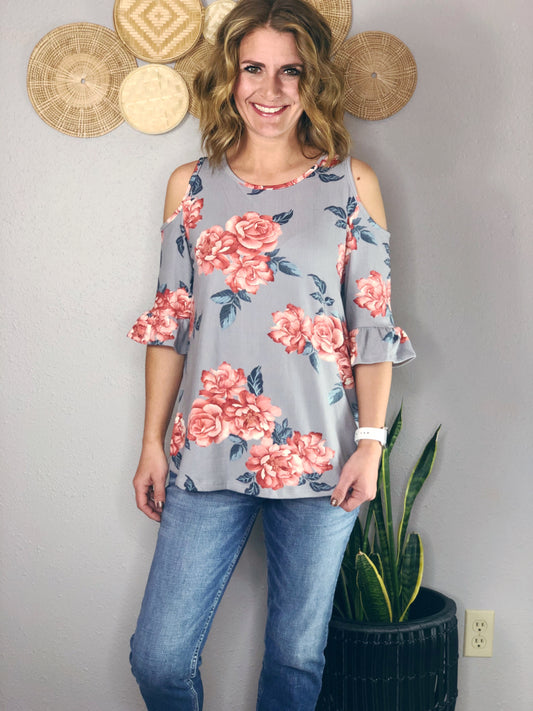 FLORAL COLD SHOULDER TOP W/ RUFFLE DETAIL