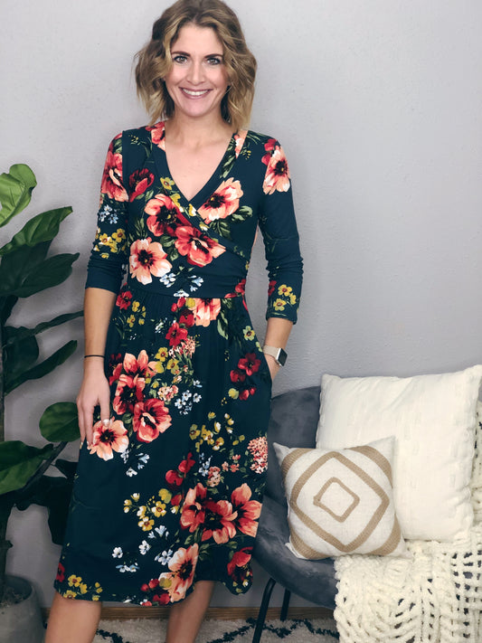 FLORAL WRAP TOP MIDI DRESS