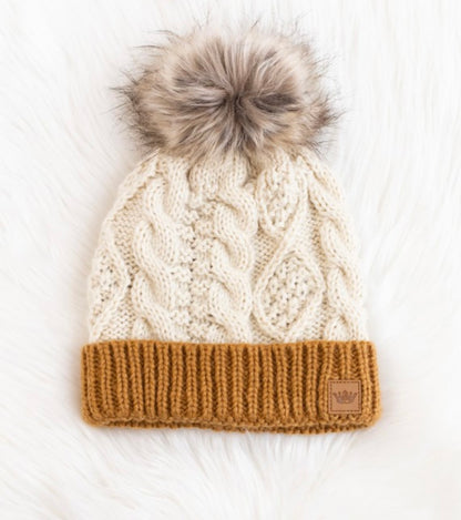 IVORY CABLE KNIT HAT WITH CAMEL CUFF AND FUR POM