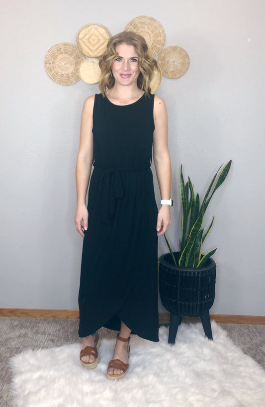 BELTED SLEEVELESS WRAP DRESS