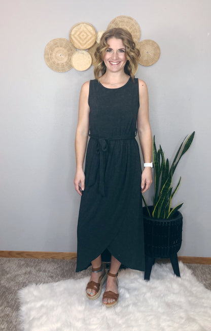 BELTED SLEEVELESS WRAP DRESS