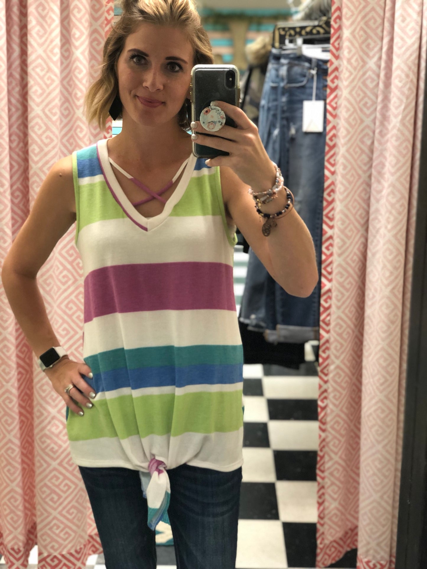 STRIPE TANK WITH CRISS CROSS NECKLINE