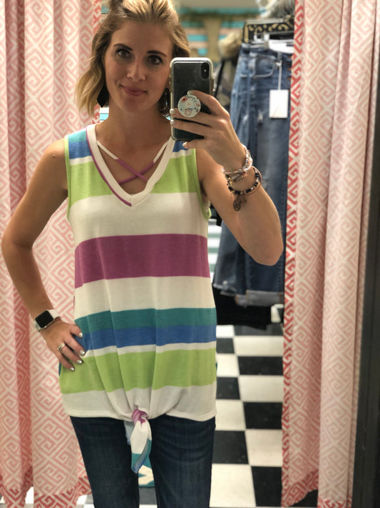 STRIPE TANK WITH CRISS CROSS NECKLINE