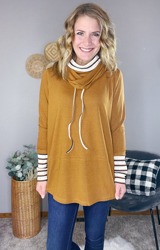 COWL NECK W/ STRIPE TOP
