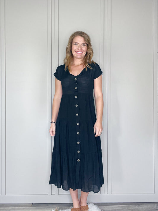 FAUX BUTTON DOWN BLACK MIDI DRESS