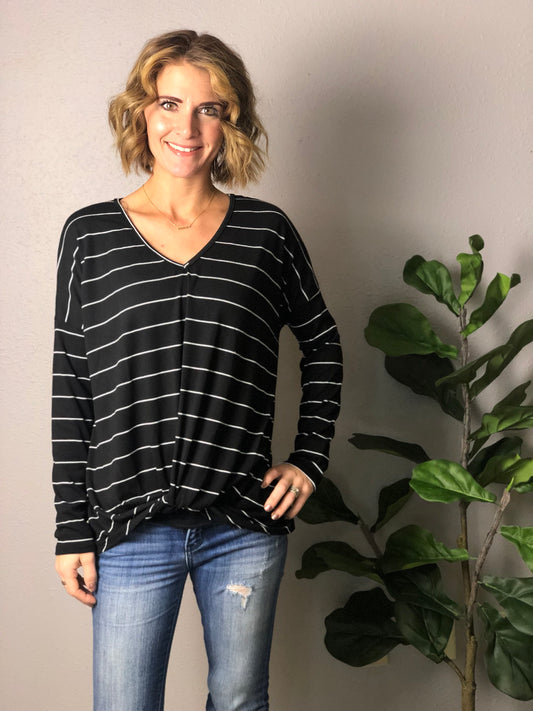 STRIPED V-NECK FRONT KNOT TOP {EXTENDED SIZES}