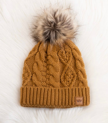 CAMEL CABLE KNIT HAT W/ FUR POM ACCENT
