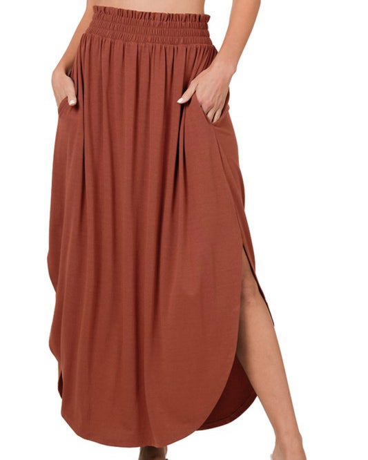 SMOCKED WAIST SIDE SLIT MAXI SKIRT