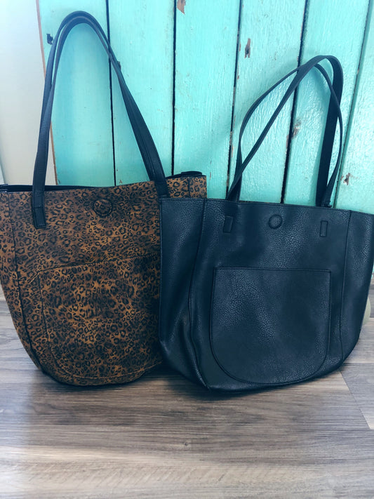 BLACK/LEOPARD REVERSIBLE TOTE