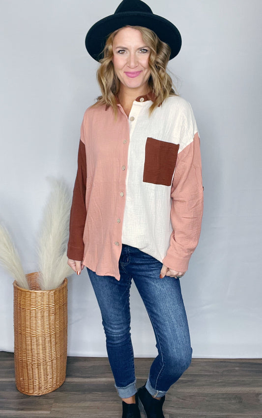 COTTON GAUZE COLOR BLOCK BUTTON UP