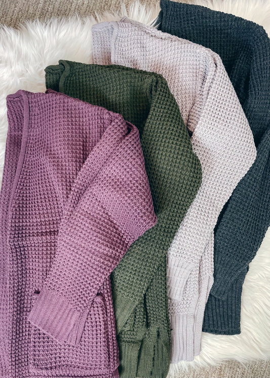 WAFFLE OPEN FRONT CARDIGAN W/ POCKETS