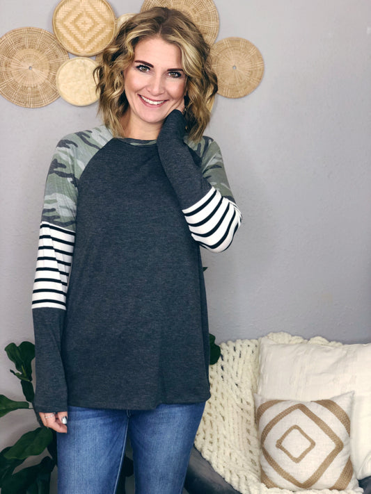 CAMO + STRIPE BASEBALL TOP