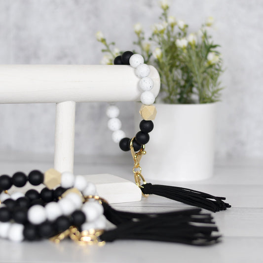 BLACK AND WHITE GRANITE SILICONE BEADED KEYRING