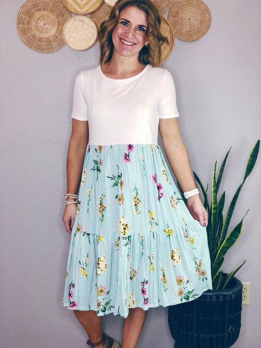 STRIPED FLORAL KNEE LENGTH DRESS
