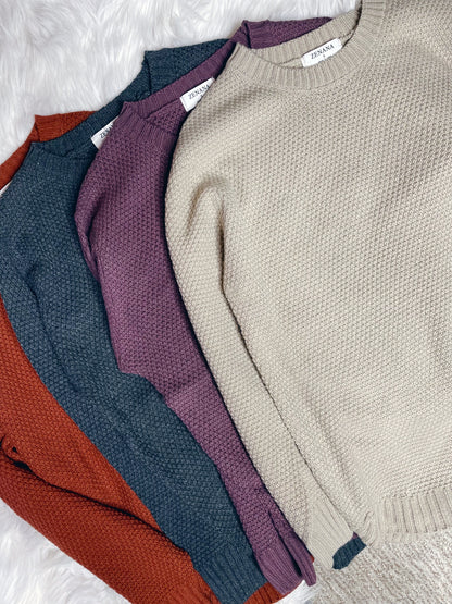 LONG SLEEVE ROUND NECK WAFFLE KNIT SWEATER