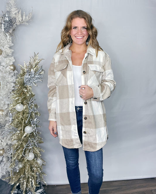 LONG KHAKI PLAID SHACKET