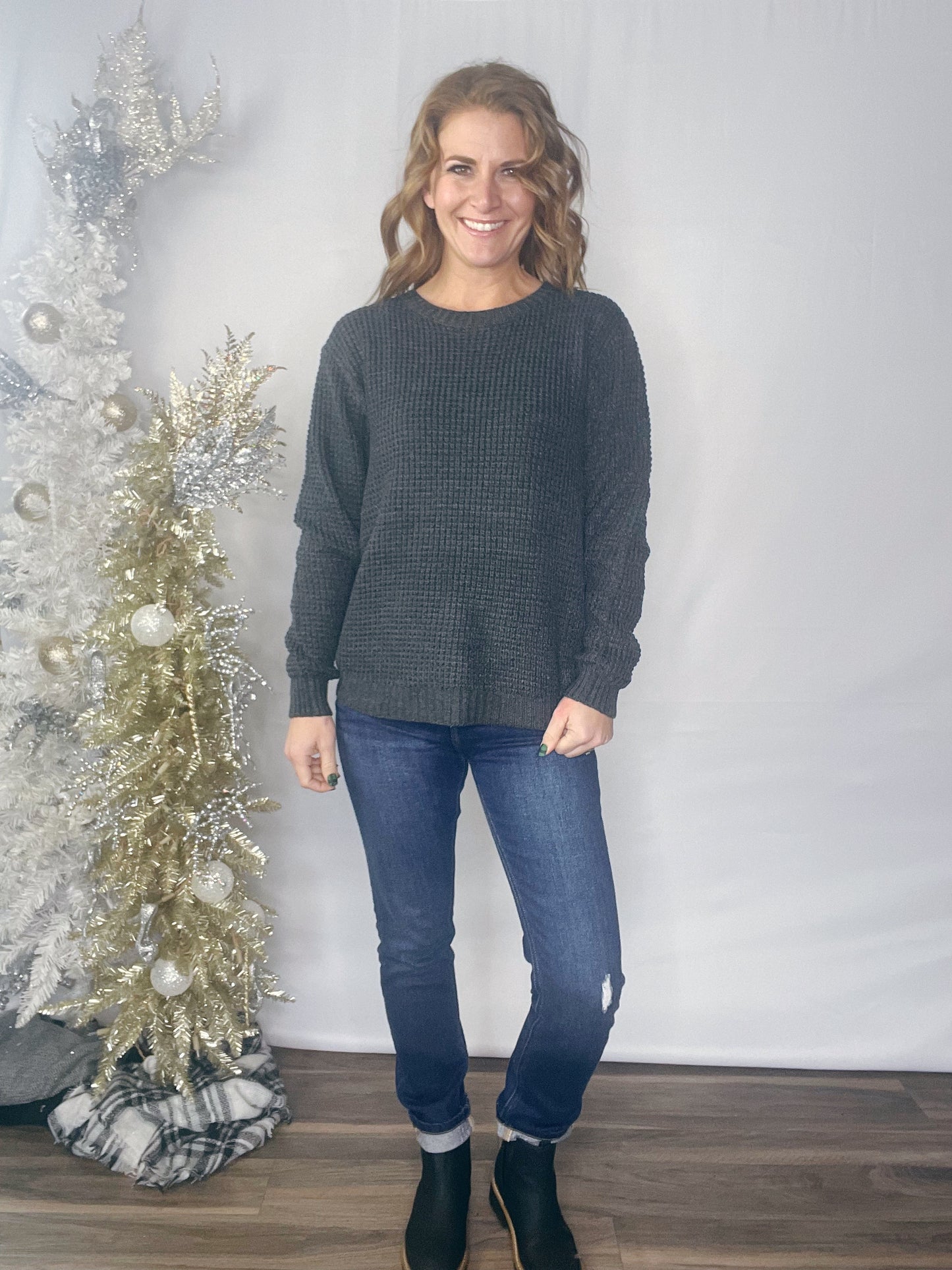 HI-LOW LONG SLEEVE WAFFLE SWEATER