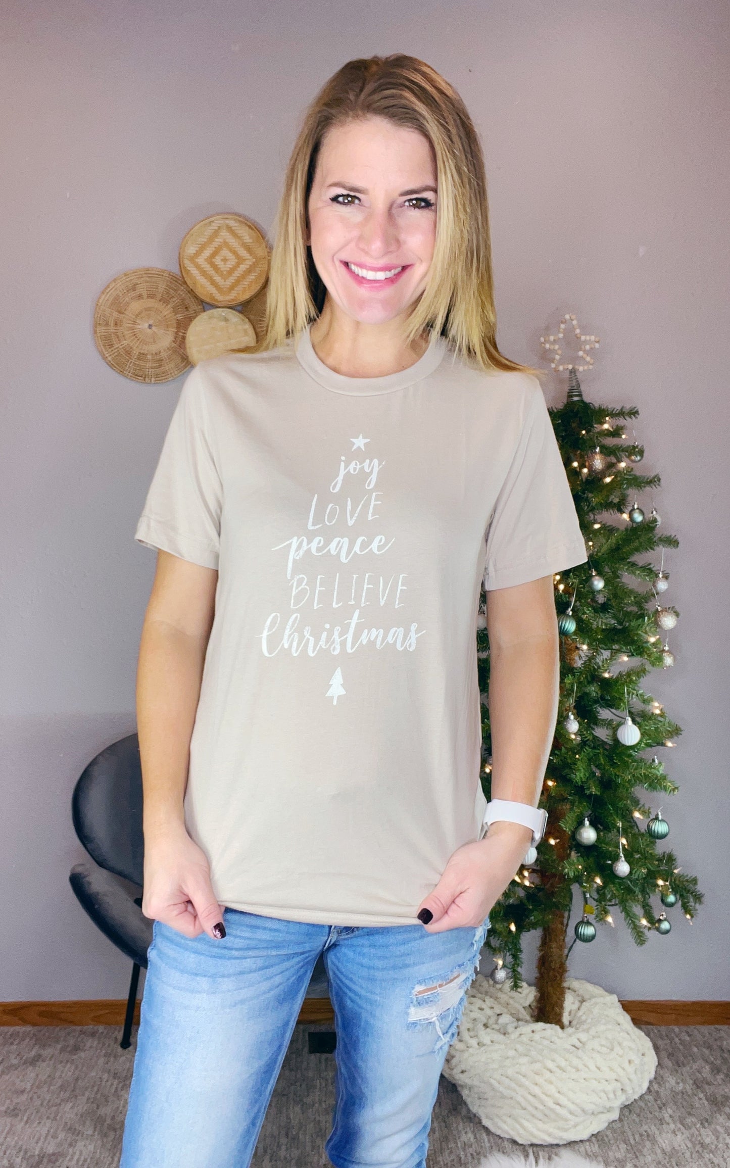 JOY LOVE AND PEACE CHRISTMAS TEE