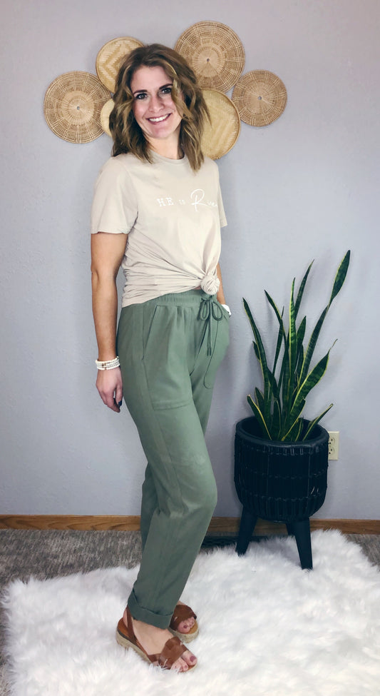 COTTON DRAWSTRING WAIST ROLLED HEM PANT