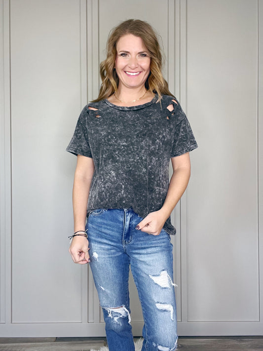 WASHED KNIT TOP WITH LASER CUT DETAILS