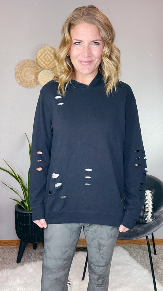 DISTRESSED BLACK HOODIE