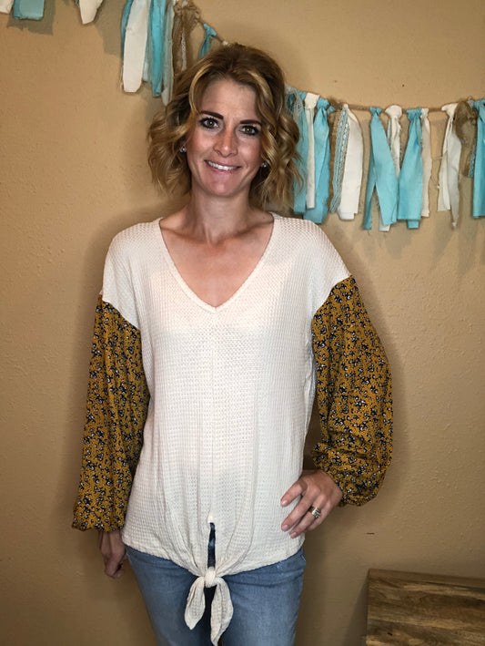 BUBBLE SLEEVE WAFFLE TOP