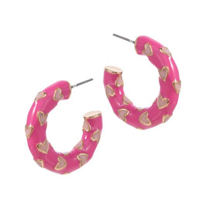 HEART PATTERNED ENAMEL HOOP EARRINGS