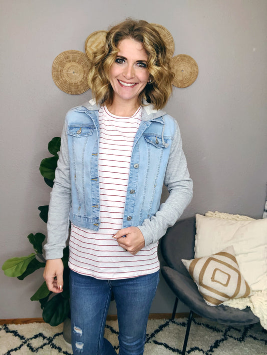 DENIM JACKET W/ SWEATER SLEEVE