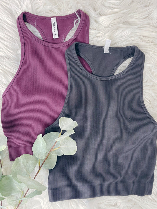 RIBBED SEAMLESS HIGH-NECK CROPPED TANK