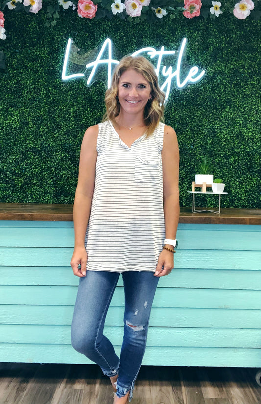 WHITE W/ BLACK STRIPE POCKET TANK