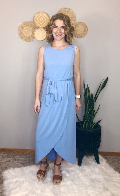 BELTED SLEEVELESS WRAP DRESS
