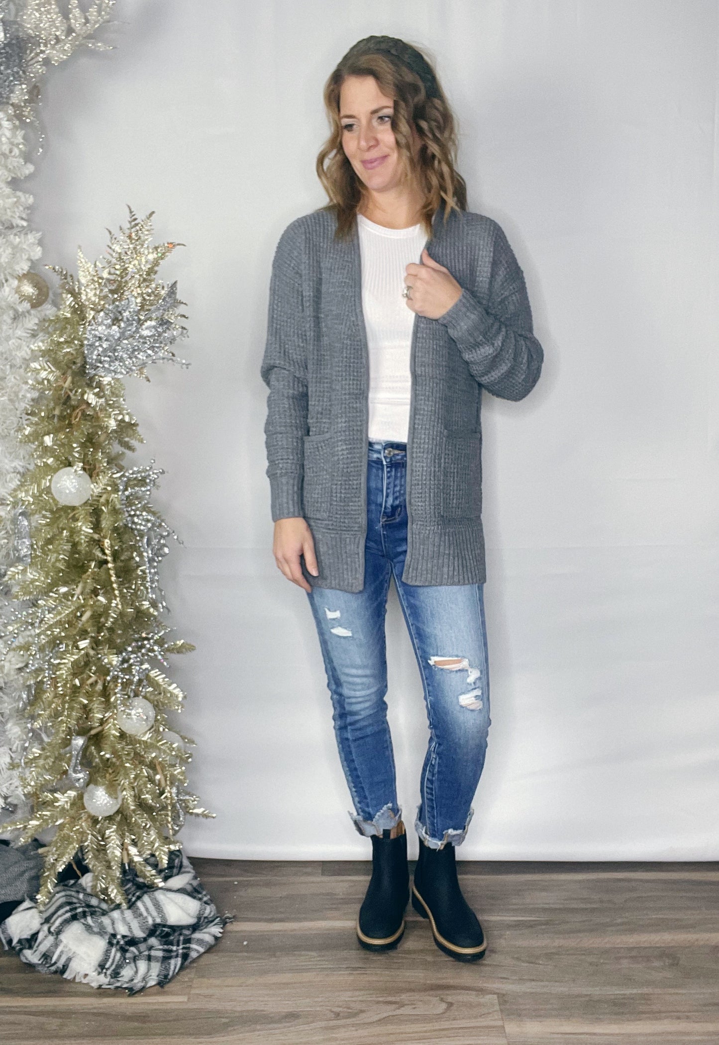 LOW GAUGE WAFFLE CARDIGAN SWEATER