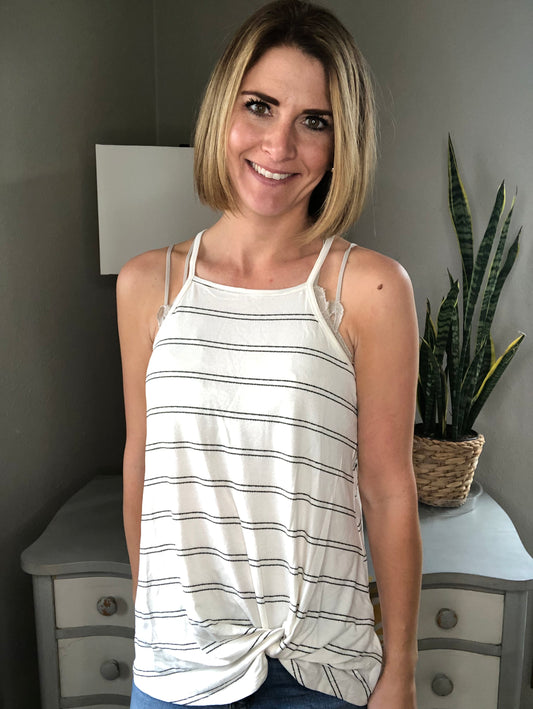 STRIPE FRONT TWIST SPAGHETTI TANK