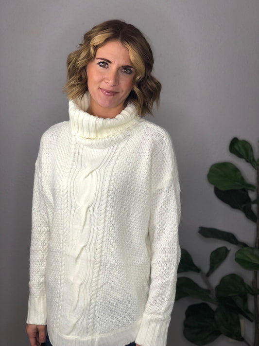 CABLE COWL NECK SWEATER