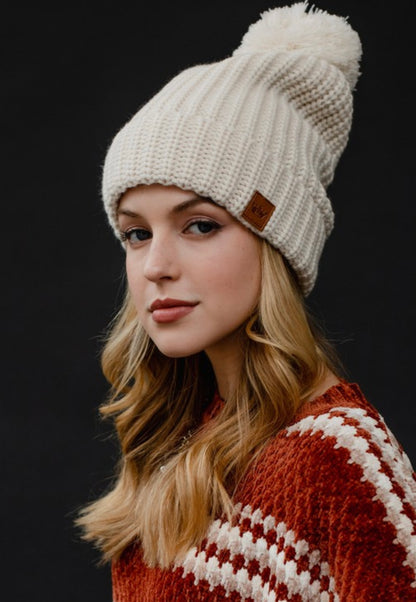 BEIGE SLOUCHY KNIT HAT W/ POM ACCENT
