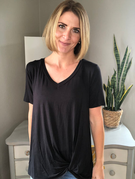V-NECK BLACK FRONT KNOT