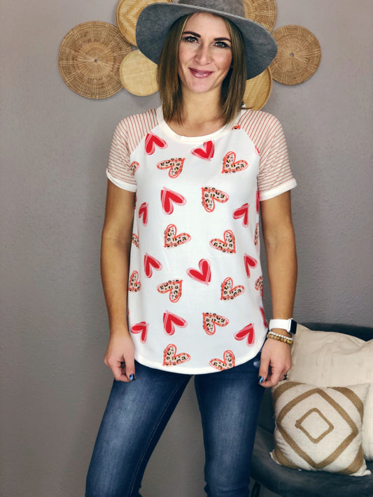 LEOPARD AND STRIPE HEART RAGLAN TOP