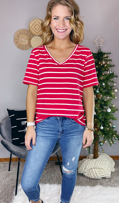 {BF}COTTON STRIPED SHORT SLEEVE V-NECK TEE